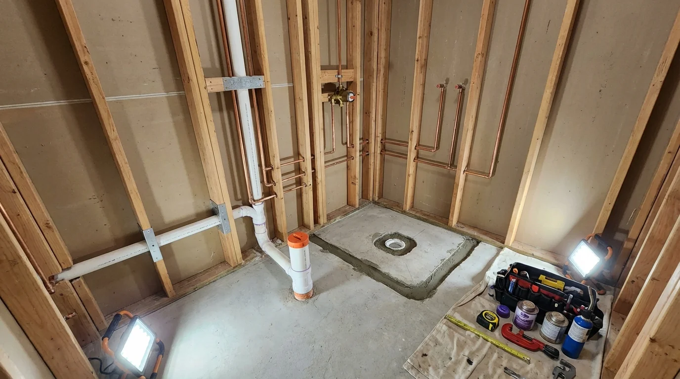 Bathroom rough-in plumbing during remodel by Johns Plumbing LLC in Connell