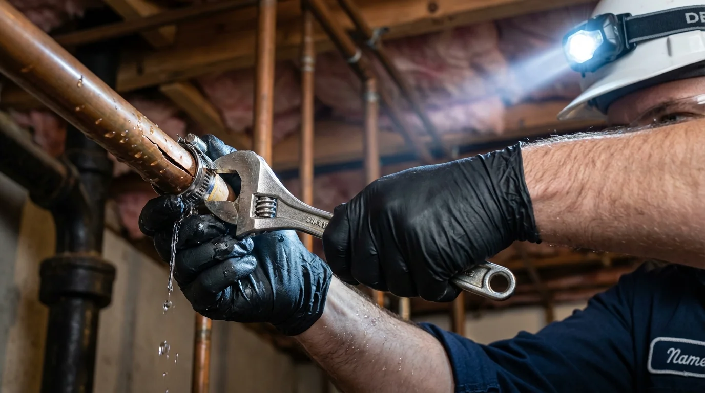 Emergency pipe clamp repair being performed by a Johns Plumbing LLC plumber in Connell