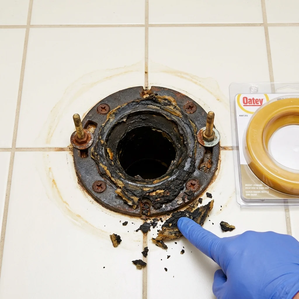 Failed wax ring showing water seepage at the base of a toilet in a Connell, WA home